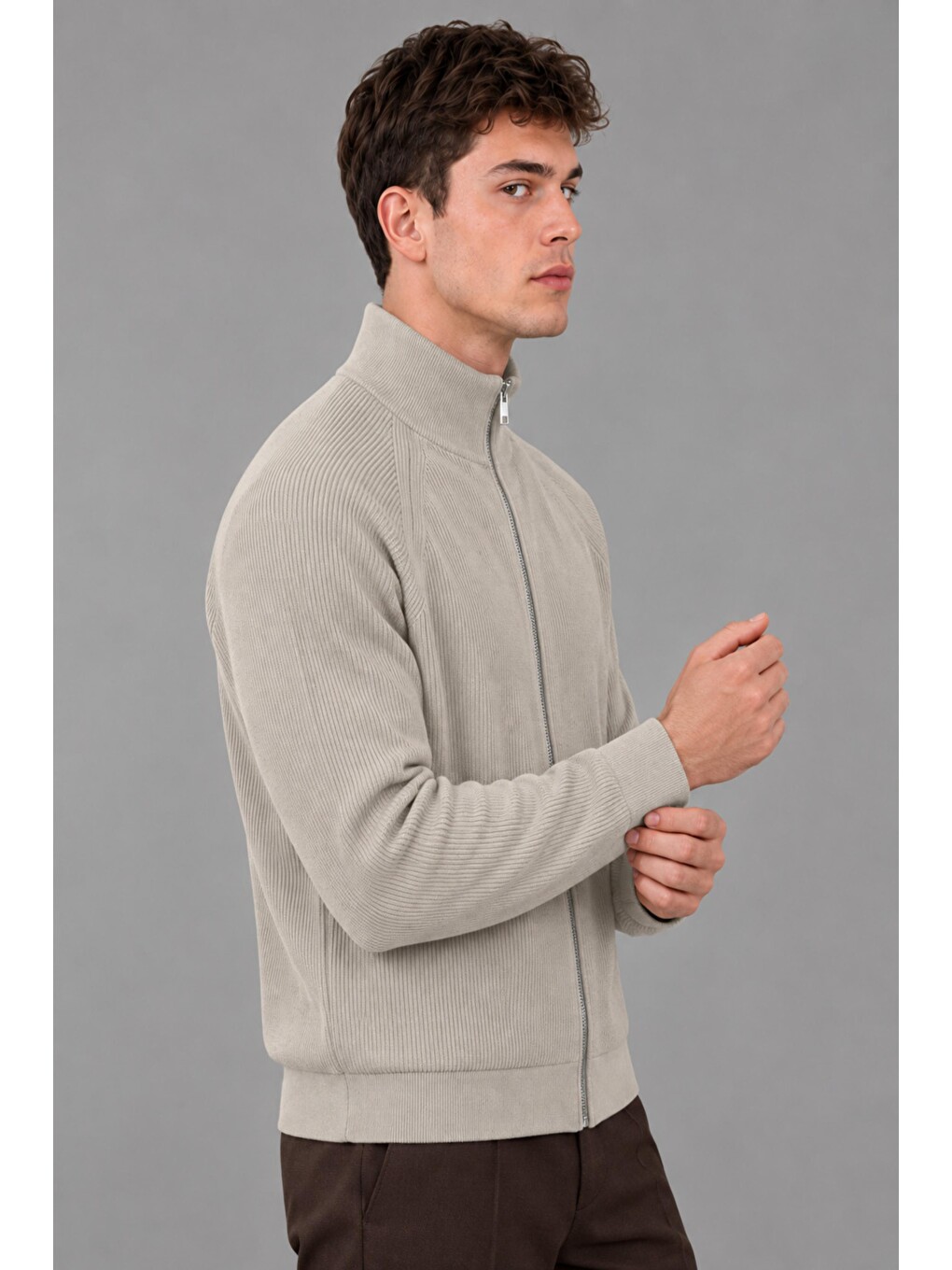 Bej Fermuarlı Örgü Dik Yaka Hırka Dp 18465_60399-3