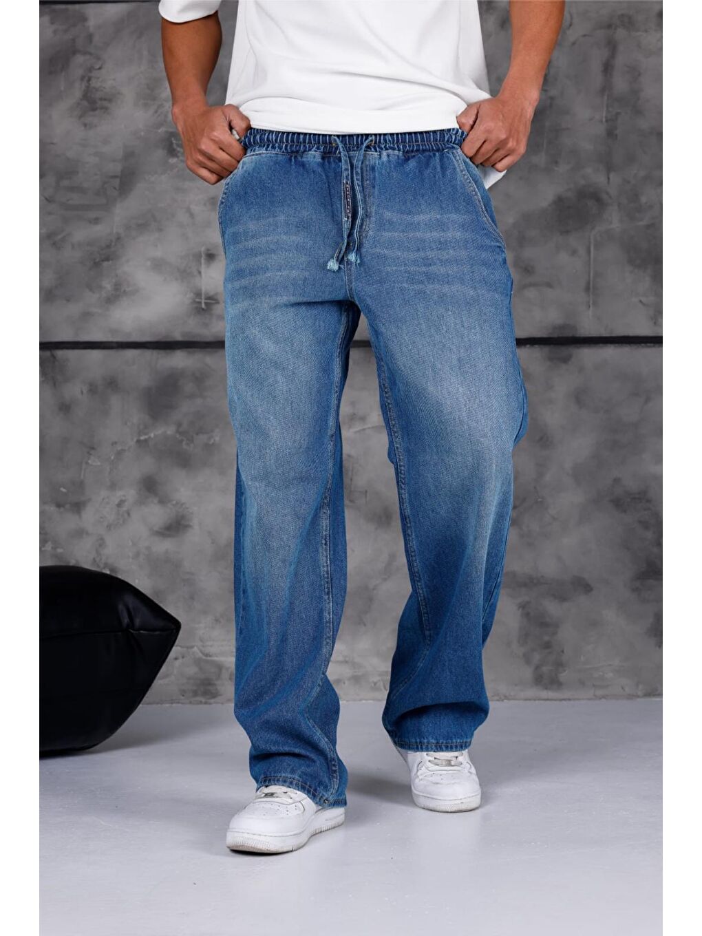 Yeşil Jackson Unisex Oversize Beli İpli ve Lastikli Denim Jean Pantolon - Baggy Jean-5