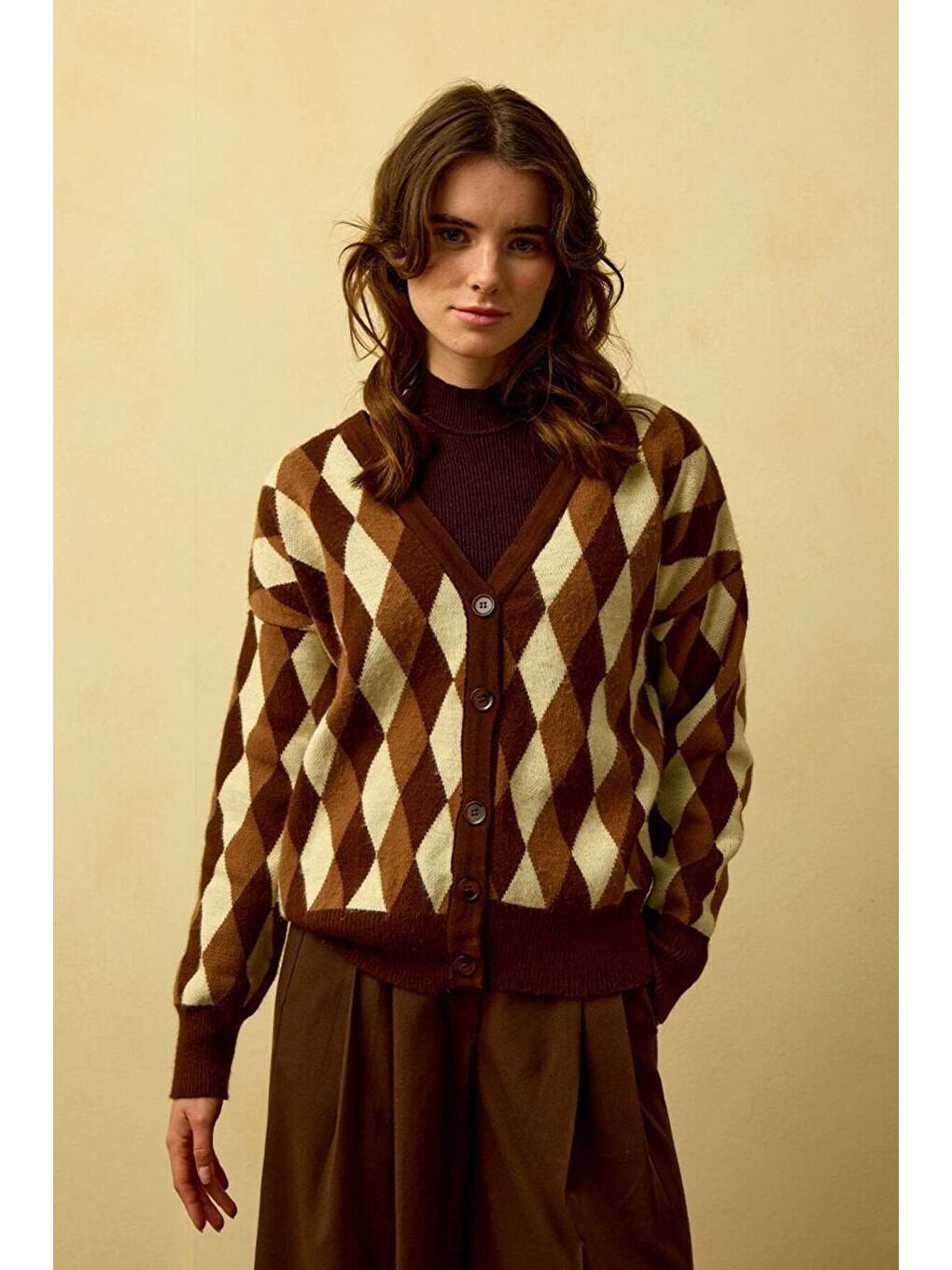 Kahverengi Acı Kahve Baklava Desenli Triko Hırka