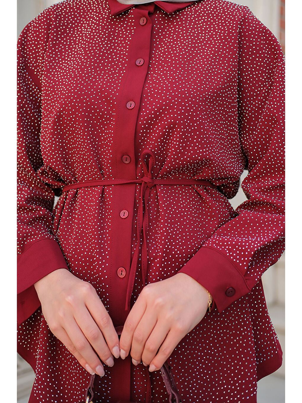 Kadın Taş Detay Düğmeli Gömlek Yaka Takım Bordo-4