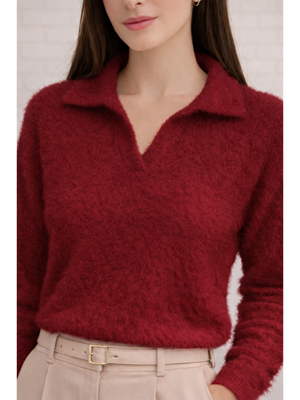 Bordo Kadın Yumuşak Dokulu V Yaka Kaliteli Esnek Kazak-1