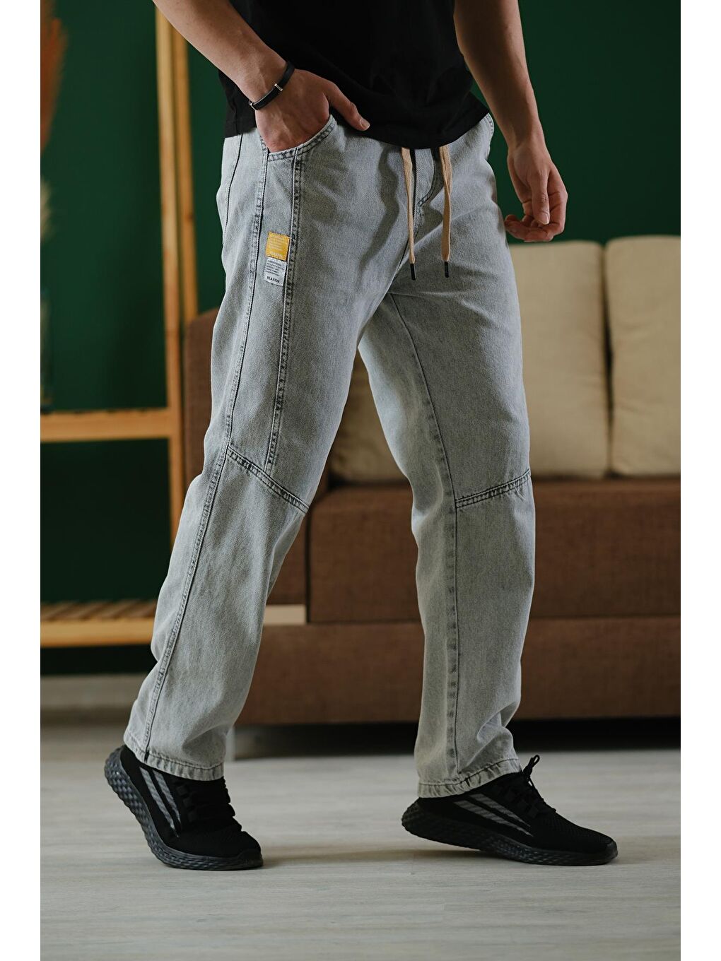 Gri Reax Camils Beli Lastikli İpli Düz Paça Rahat Kesim Erkek Jean Pantolon