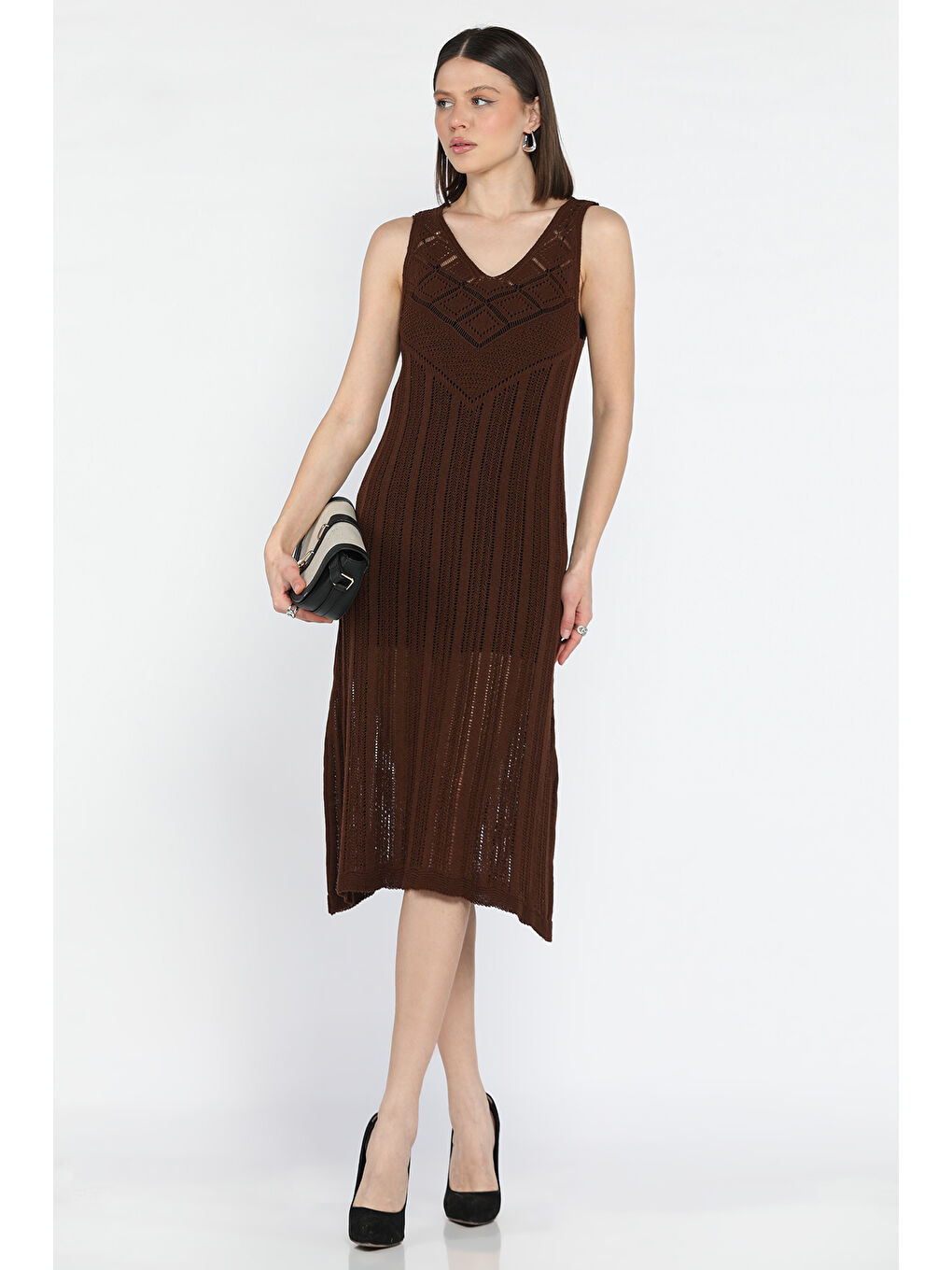 Kahverengi Örme Detaylı V Yaka Kadın Triko Elbise( İçlikle Giyilmesi Önerilir)