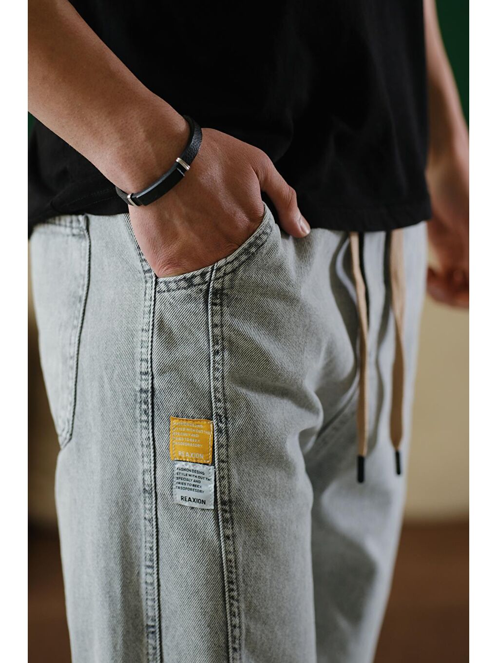 Gri Reax Camils Beli Lastikli İpli Düz Paça Rahat Kesim Erkek Jean Pantolon-1