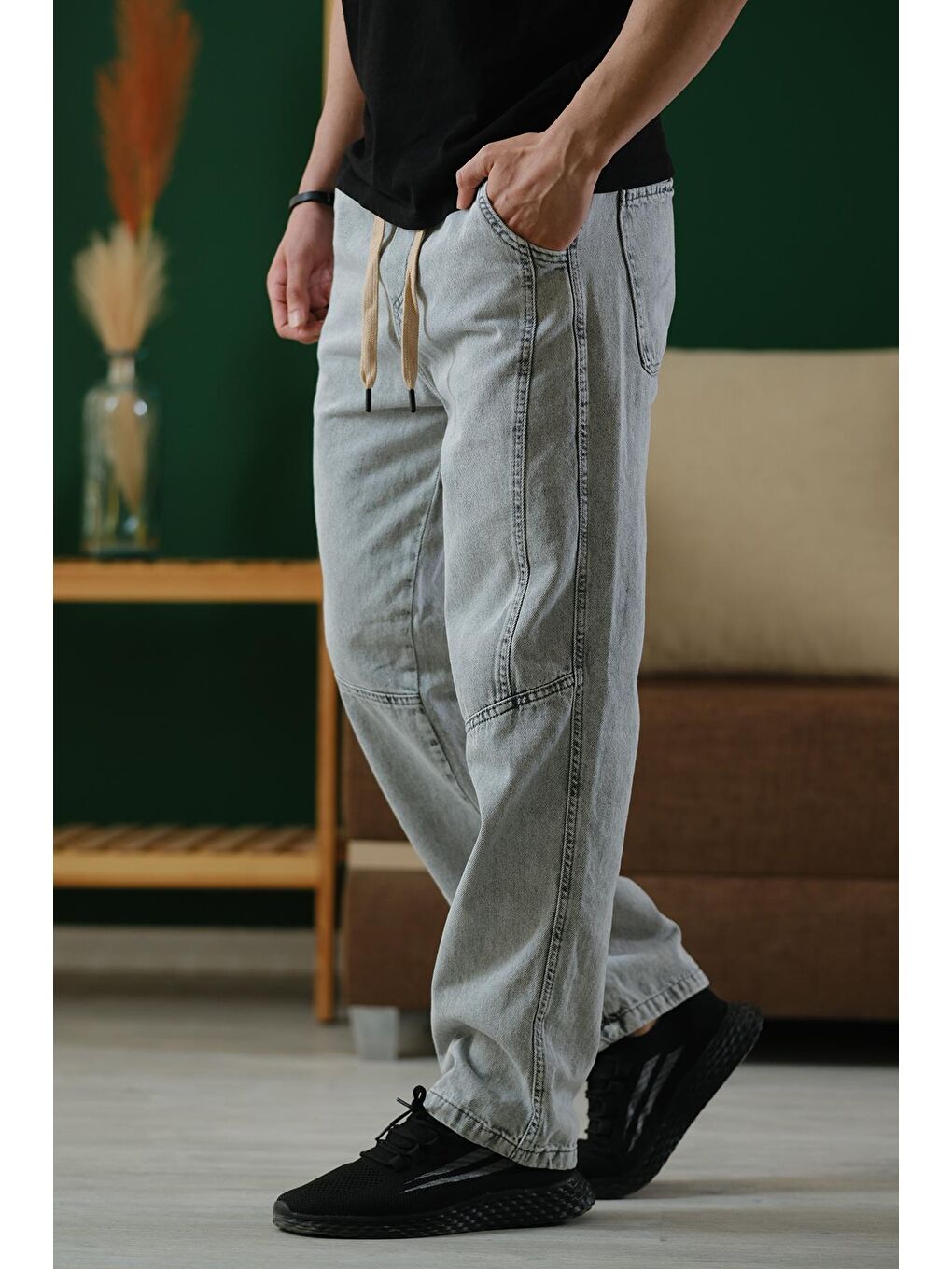 Gri Reax Camils Beli Lastikli İpli Düz Paça Rahat Kesim Erkek Jean Pantolon-2