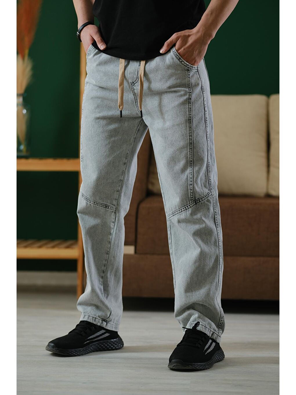 Gri Reax Camils Beli Lastikli İpli Düz Paça Rahat Kesim Erkek Jean Pantolon-3
