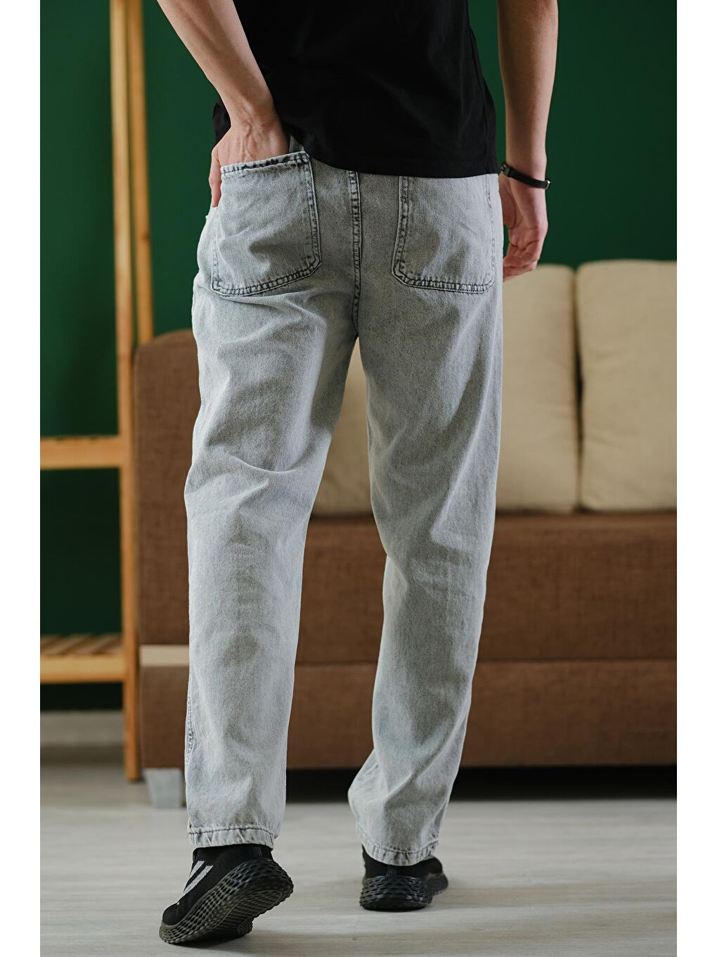 Gri Reax Camils Beli Lastikli İpli Düz Paça Rahat Kesim Erkek Jean Pantolon-4