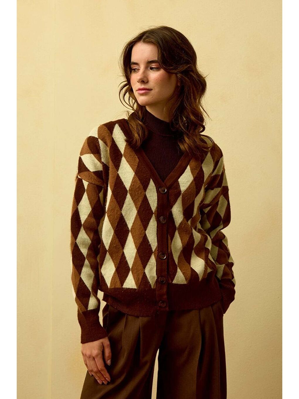 Kahverengi Acı Kahve Baklava Desenli Triko Hırka-2