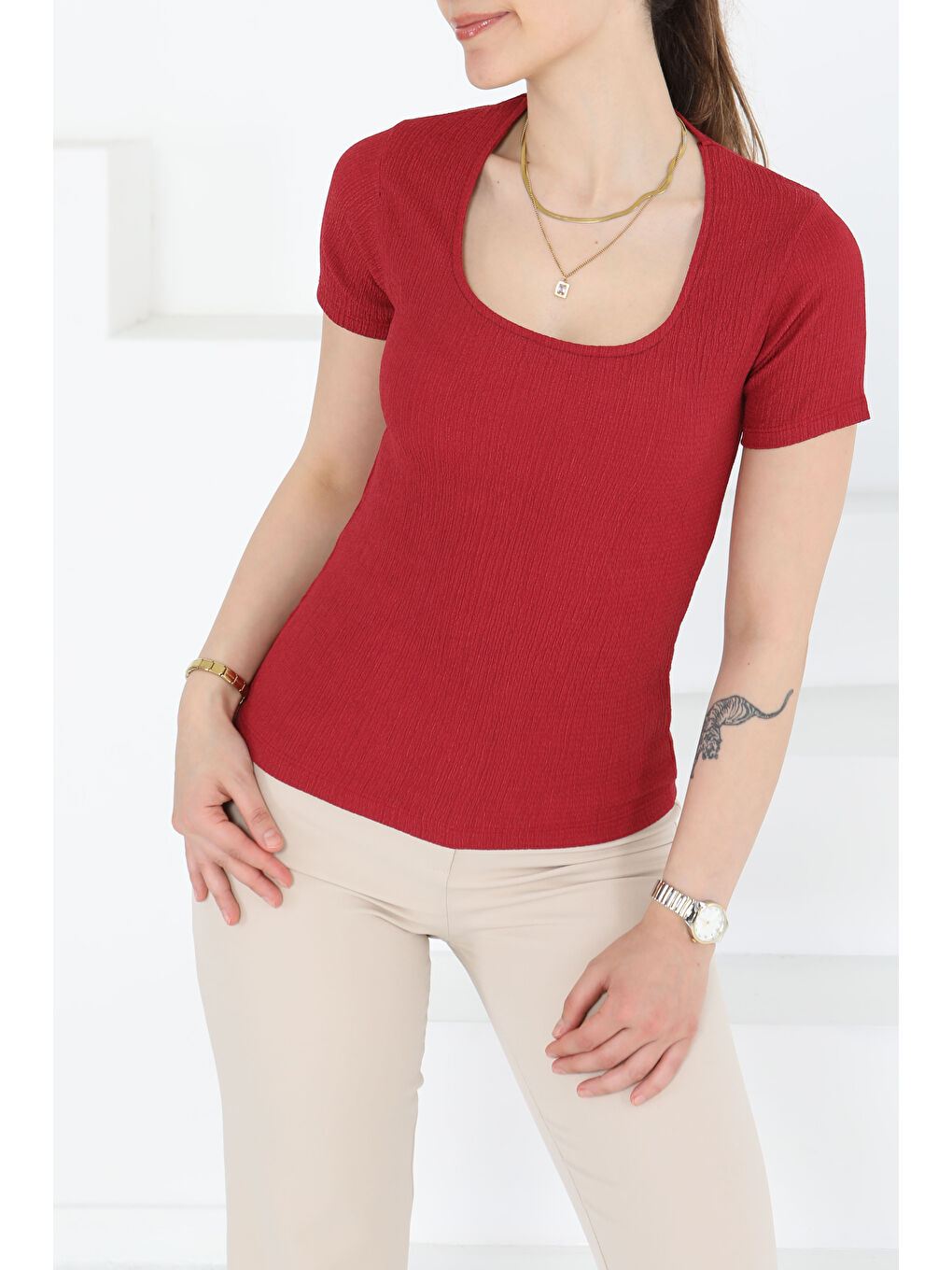 Kısa Kollu Bluz Bordo - 27235-2