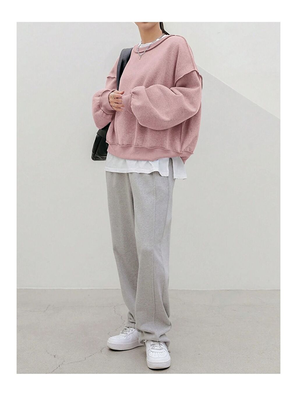 Trendseninle Pembe Kadın Gül Kurusu Dikiş Detaylı Bisiklet Yaka Sweatshirt - 1