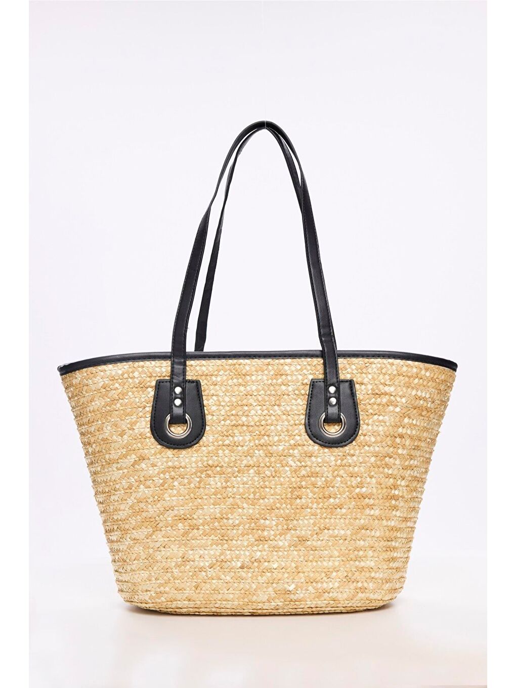 Deri Saplı Fermuarlı Siyah Bej Renk Hasır Plaj Çantası 3121