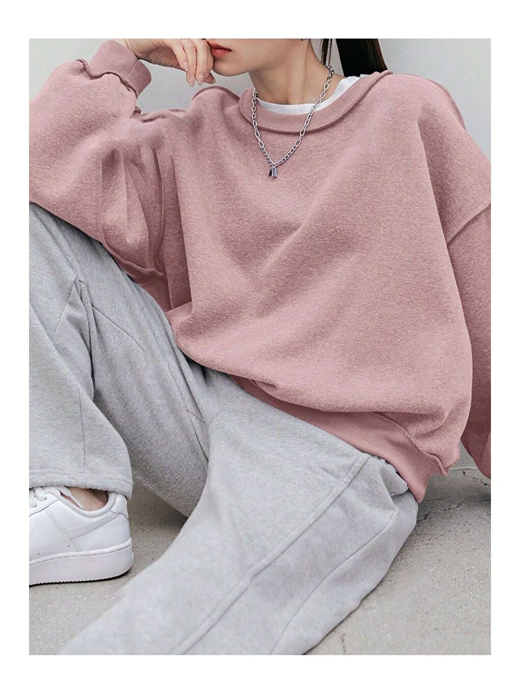 Trendseninle Pembe Kadın Gül Kurusu Dikiş Detaylı Bisiklet Yaka Sweatshirt - 2