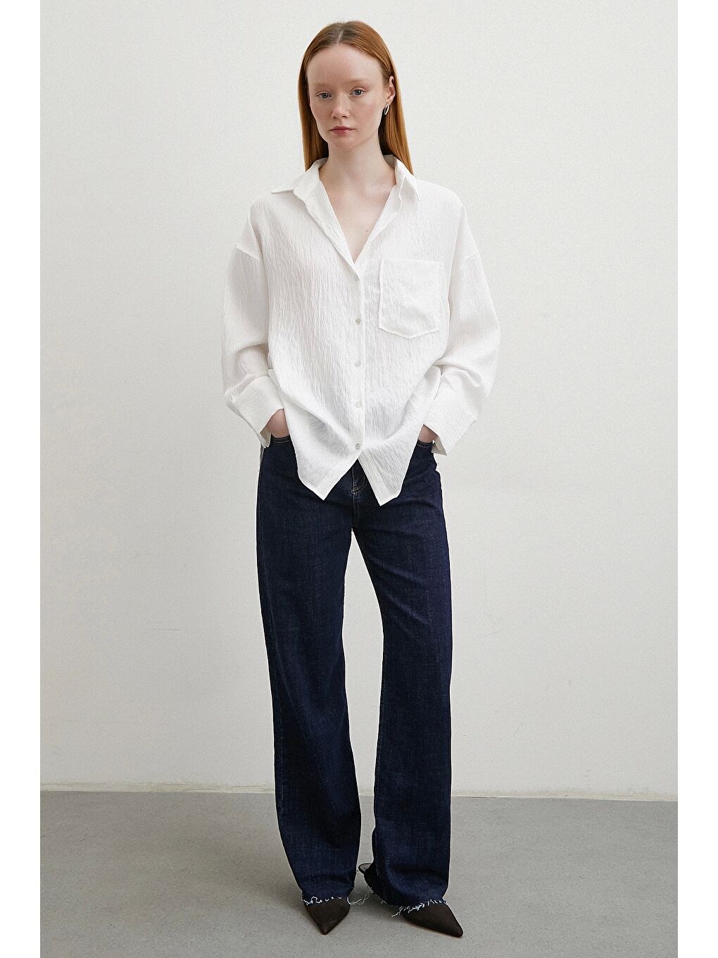 Kraşlı Cepli Gömlek Beyaz