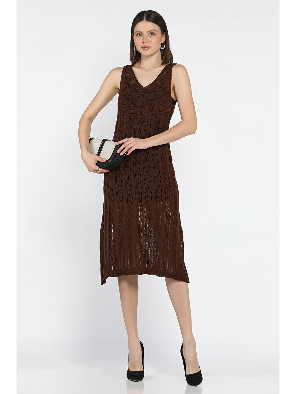 Kahverengi Örme Detaylı V Yaka Kadın Triko Elbise( İçlikle Giyilmesi Önerilir)-1