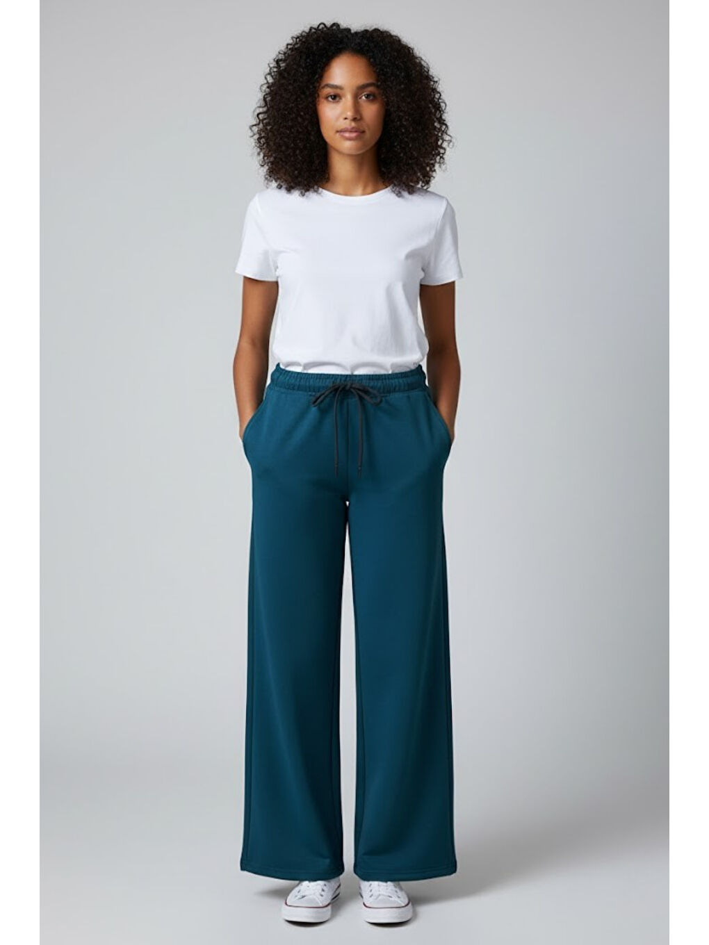 Yeşil Kadın İki İplik Rahat Kalıp Yüksek Bel Geniş Paça Pantolon SPR26EAK988