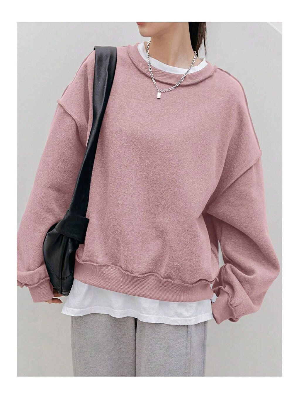 Trendseninle Pembe Kadın Gül Kurusu Dikiş Detaylı Bisiklet Yaka Sweatshirt - 4