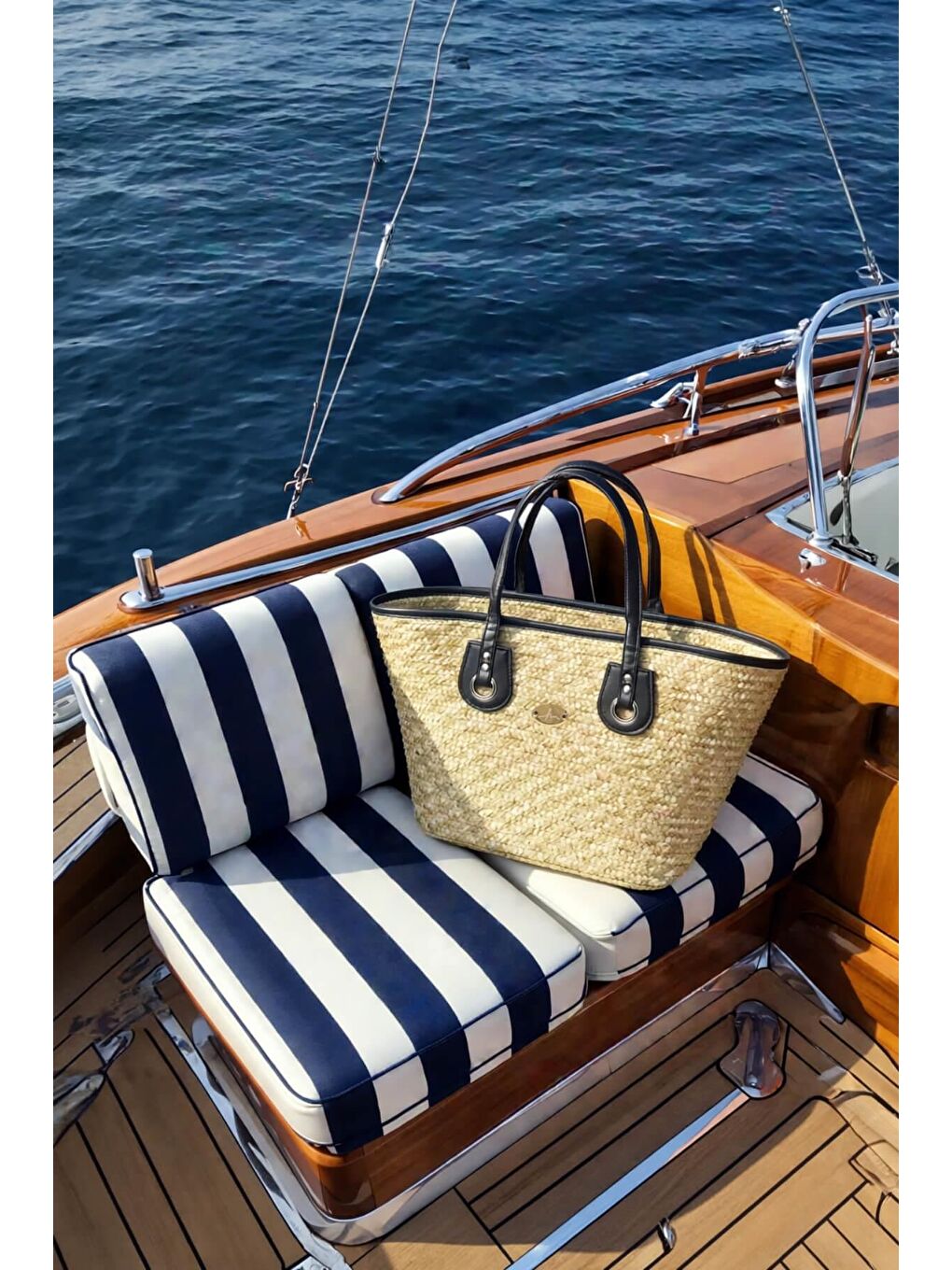 Deri Saplı Fermuarlı Siyah Bej Renk Hasır Plaj Çantası 3121-1