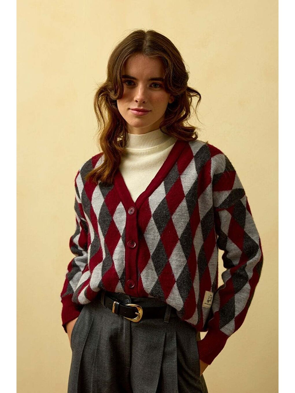 Bordo Baklava Desenli Triko Hırka-1