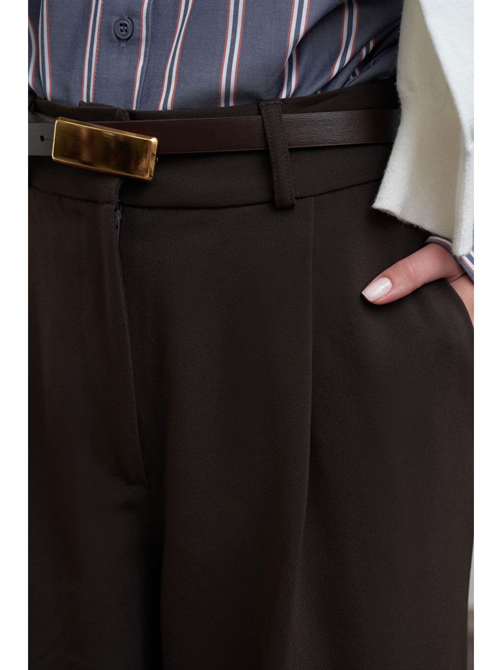 Kahverengi Acı Kahve-Pileli Polyviscon Pantolon-4