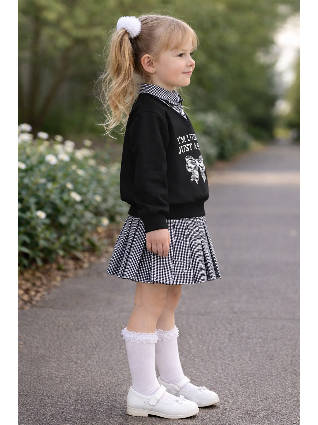 Gömlek Yaka Fiyonk Nakışlı Piti Kare Siyah Renk Kız Çocuk Etekli Takım-1