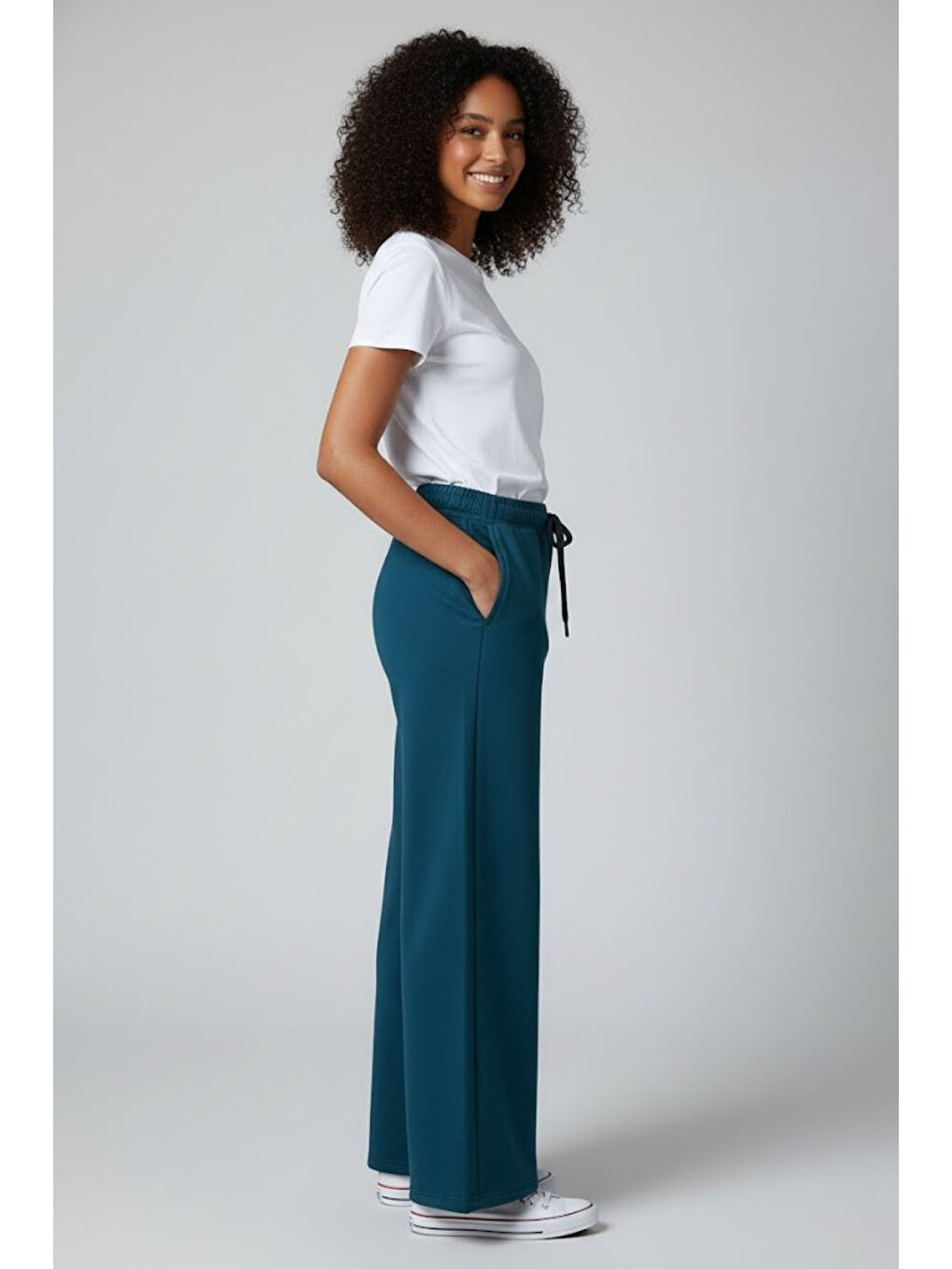 Yeşil Kadın İki İplik Rahat Kalıp Yüksek Bel Geniş Paça Pantolon SPR26EAK988-1