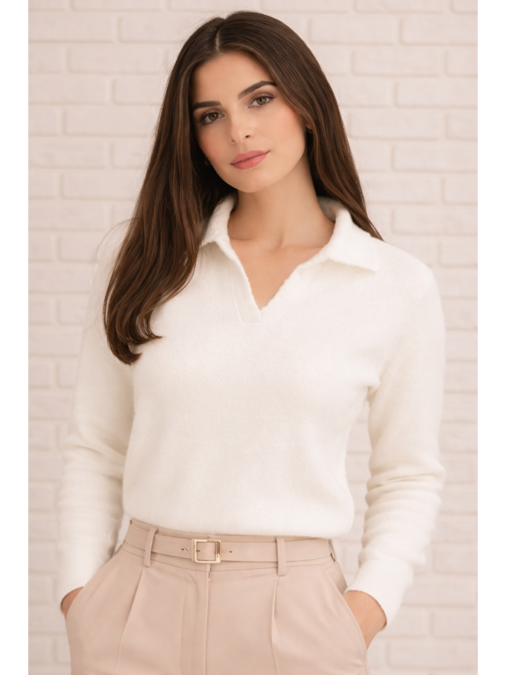 Ekru Kadın Yumuşak Dokulu V Yaka Kaliteli Esnek Kazak-1