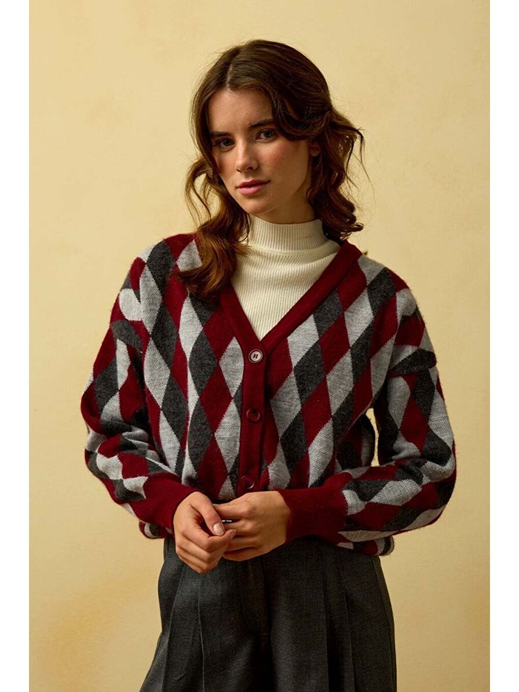 Bordo Baklava Desenli Triko Hırka-2