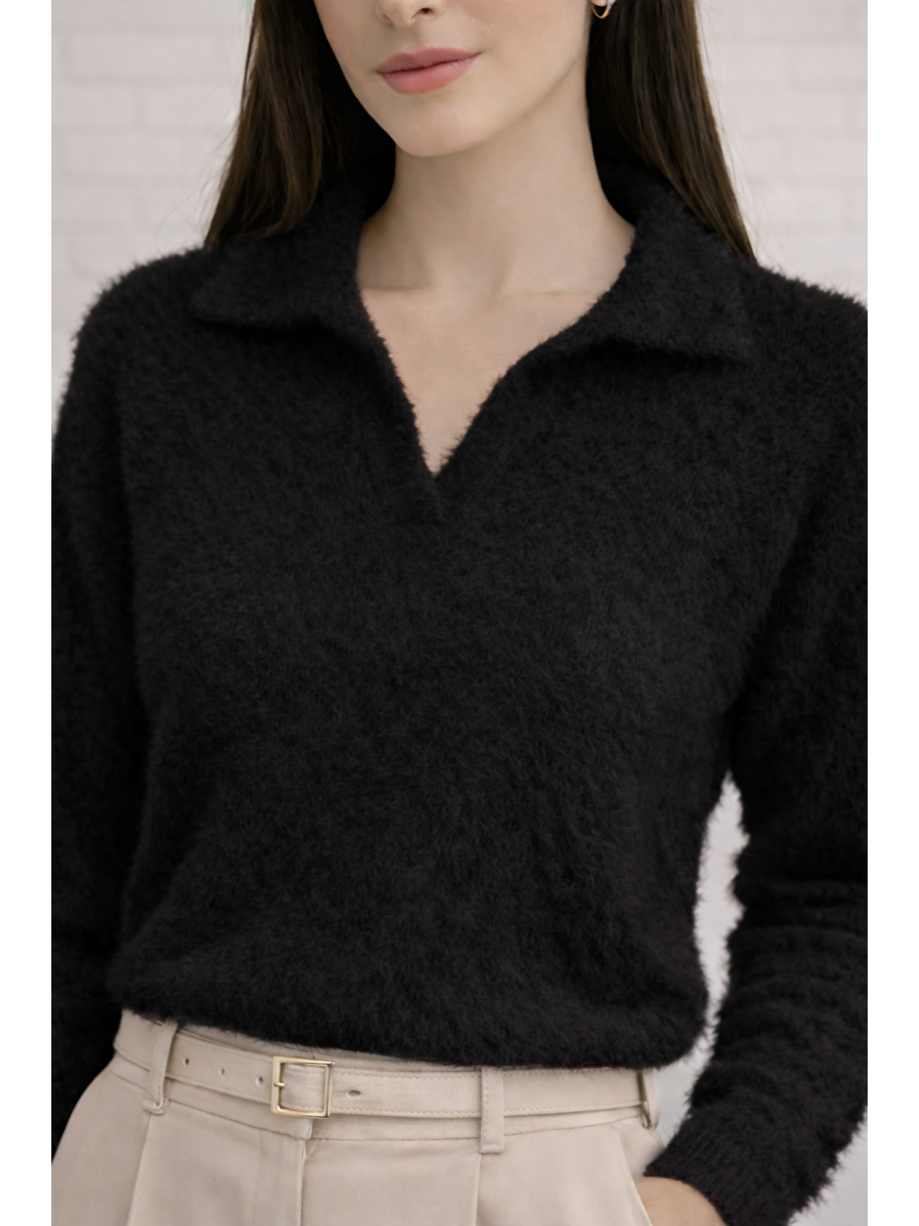 Siyah Kadın Yumuşak Dokulu V Yaka Kaliteli Esnek Kazak-1