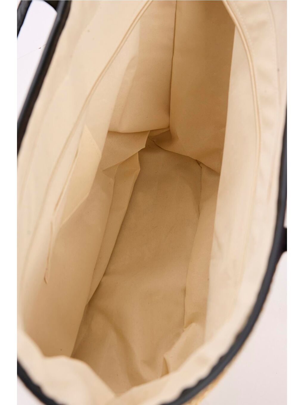 Deri Saplı Fermuarlı Siyah Bej Renk Hasır Plaj Çantası 3121-6