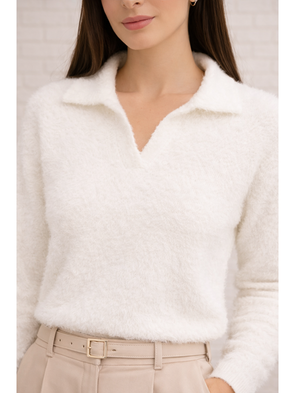 Ekru Kadın Yumuşak Dokulu V Yaka Kaliteli Esnek Kazak-2