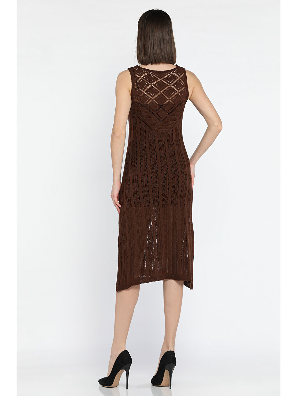 Kahverengi Örme Detaylı V Yaka Kadın Triko Elbise( İçlikle Giyilmesi Önerilir)-2