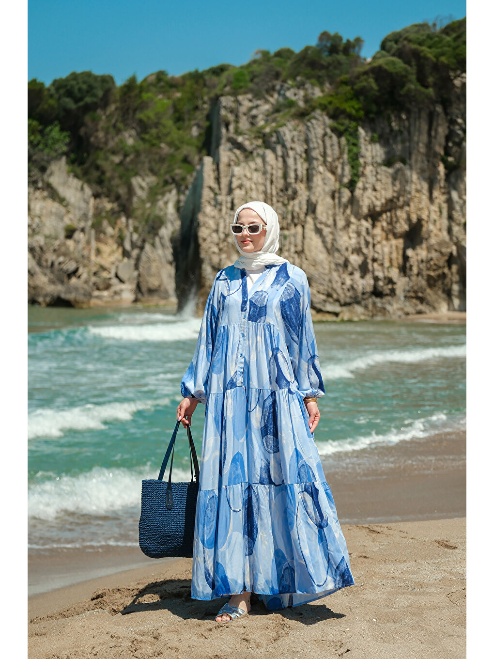 Kadın Şekil Desenli Elbise Mavi-1