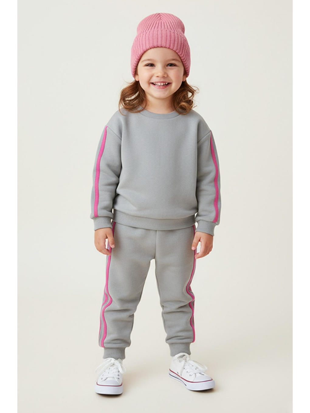 Kız Çocuk Şeritli 3 İplik Gri Alt Üst Takım