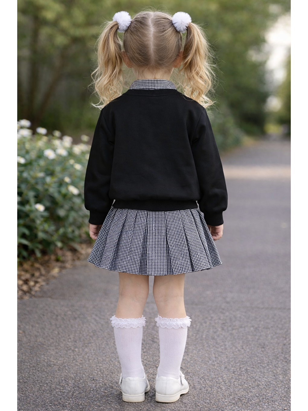 Gömlek Yaka Fiyonk Nakışlı Piti Kare Siyah Renk Kız Çocuk Etekli Takım-2