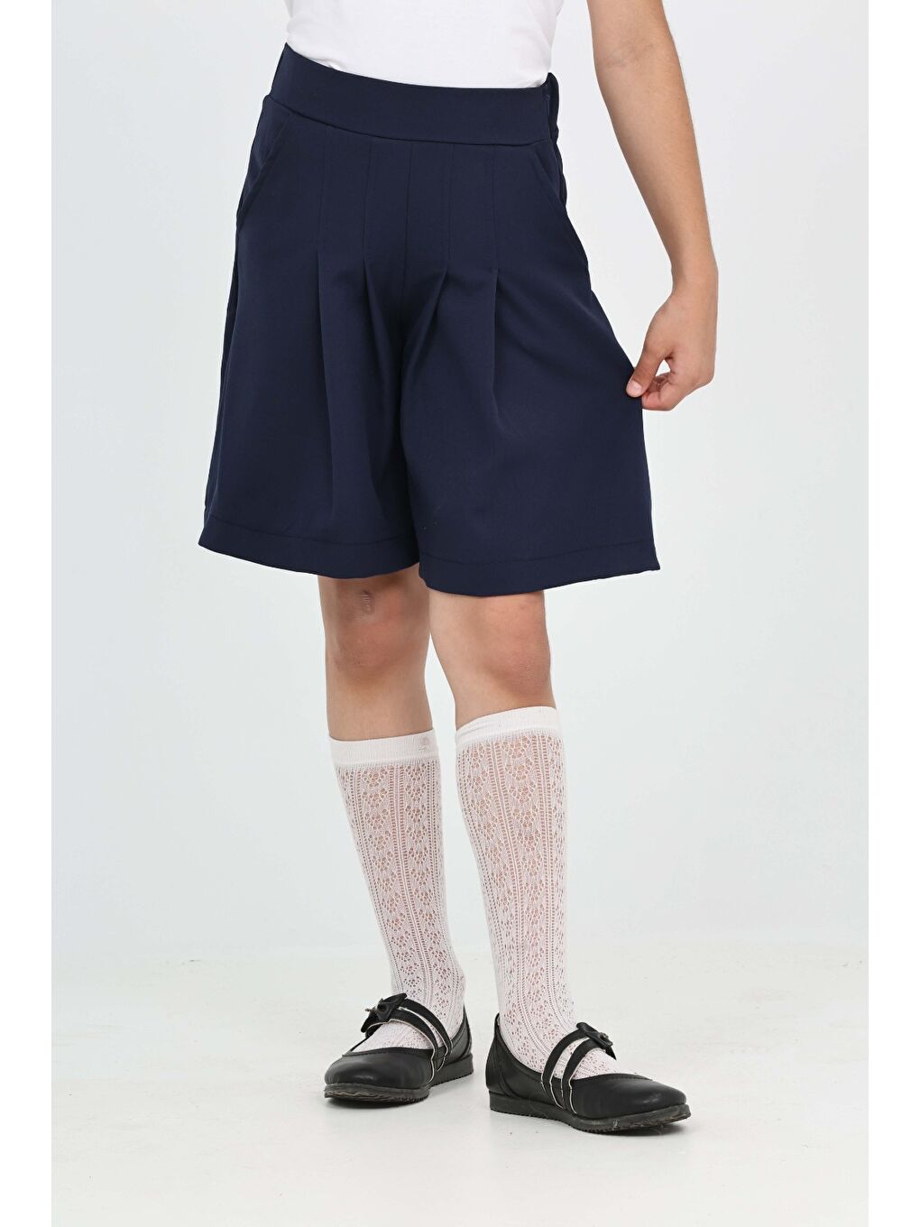 Lacivert Kız Çocuk Pileli Okul Şort-5