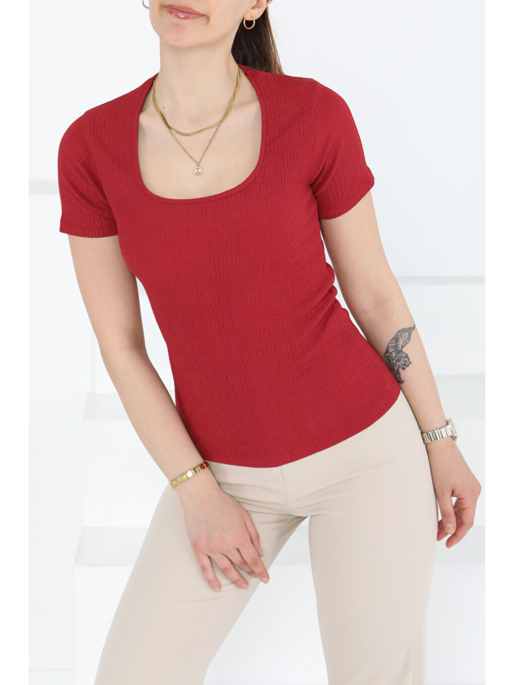 Kısa Kollu Bluz Bordo - 27235-3