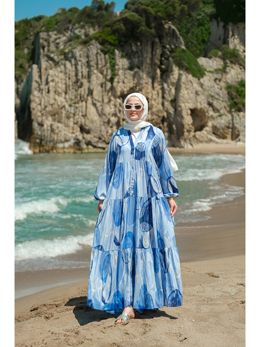 Kadın Şekil Desenli Elbise Mavi-3