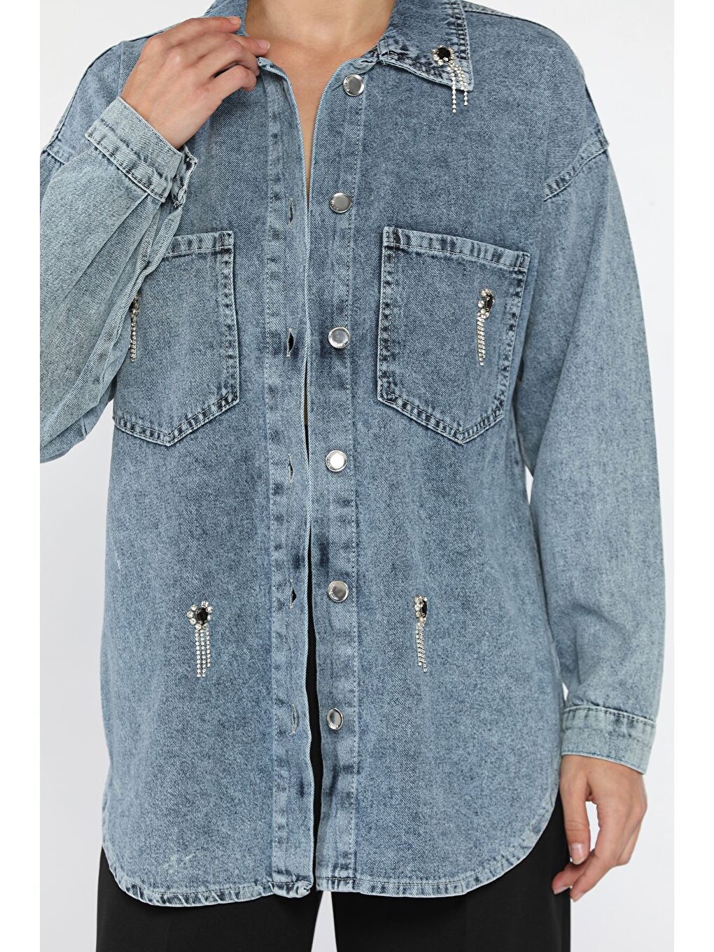 Mavi Kadın Taş İşlemeli Çift Cepli Jean Ceket-2