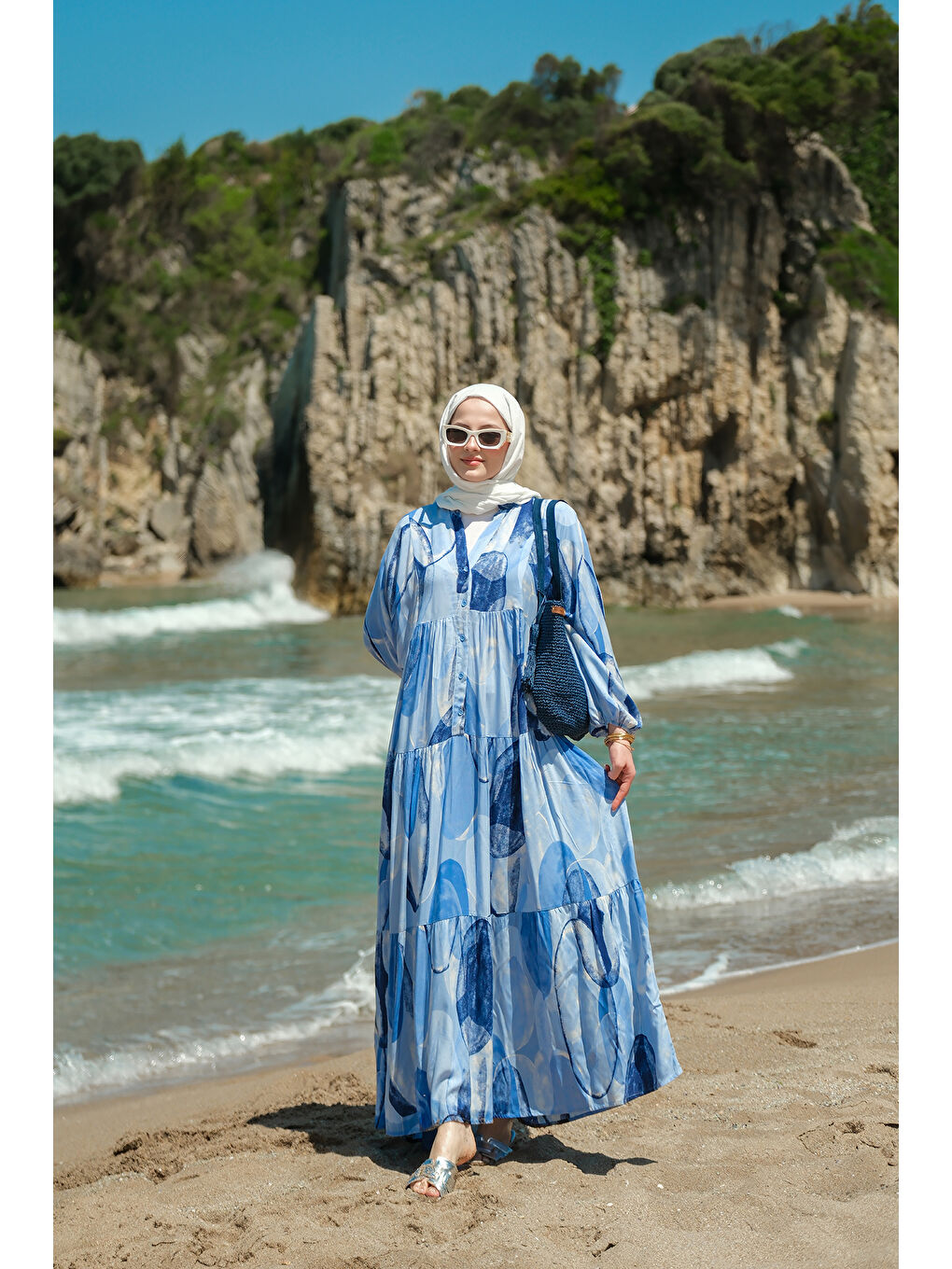 Kadın Şekil Desenli Elbise Mavi-4