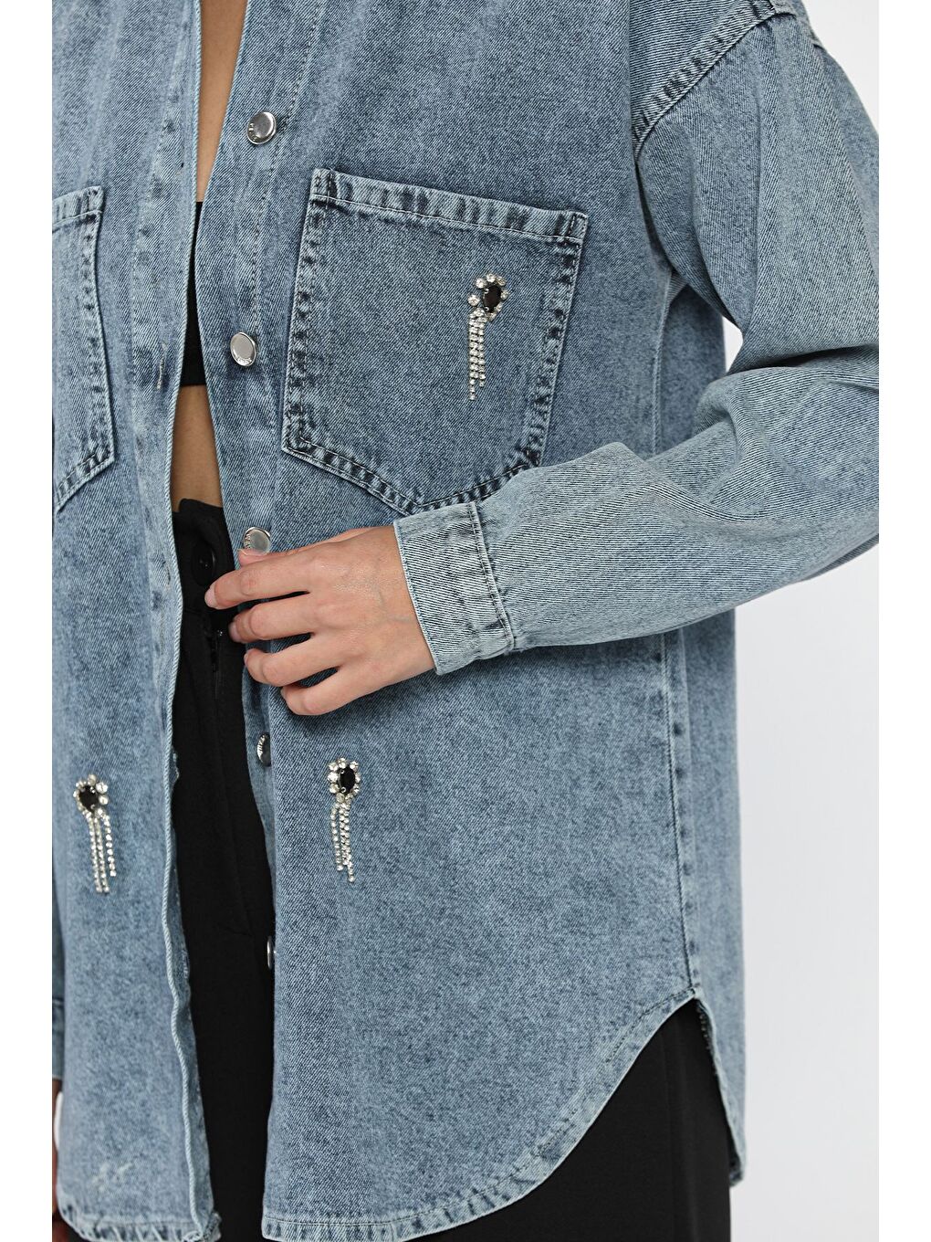 Mavi Kadın Taş İşlemeli Çift Cepli Jean Ceket-3