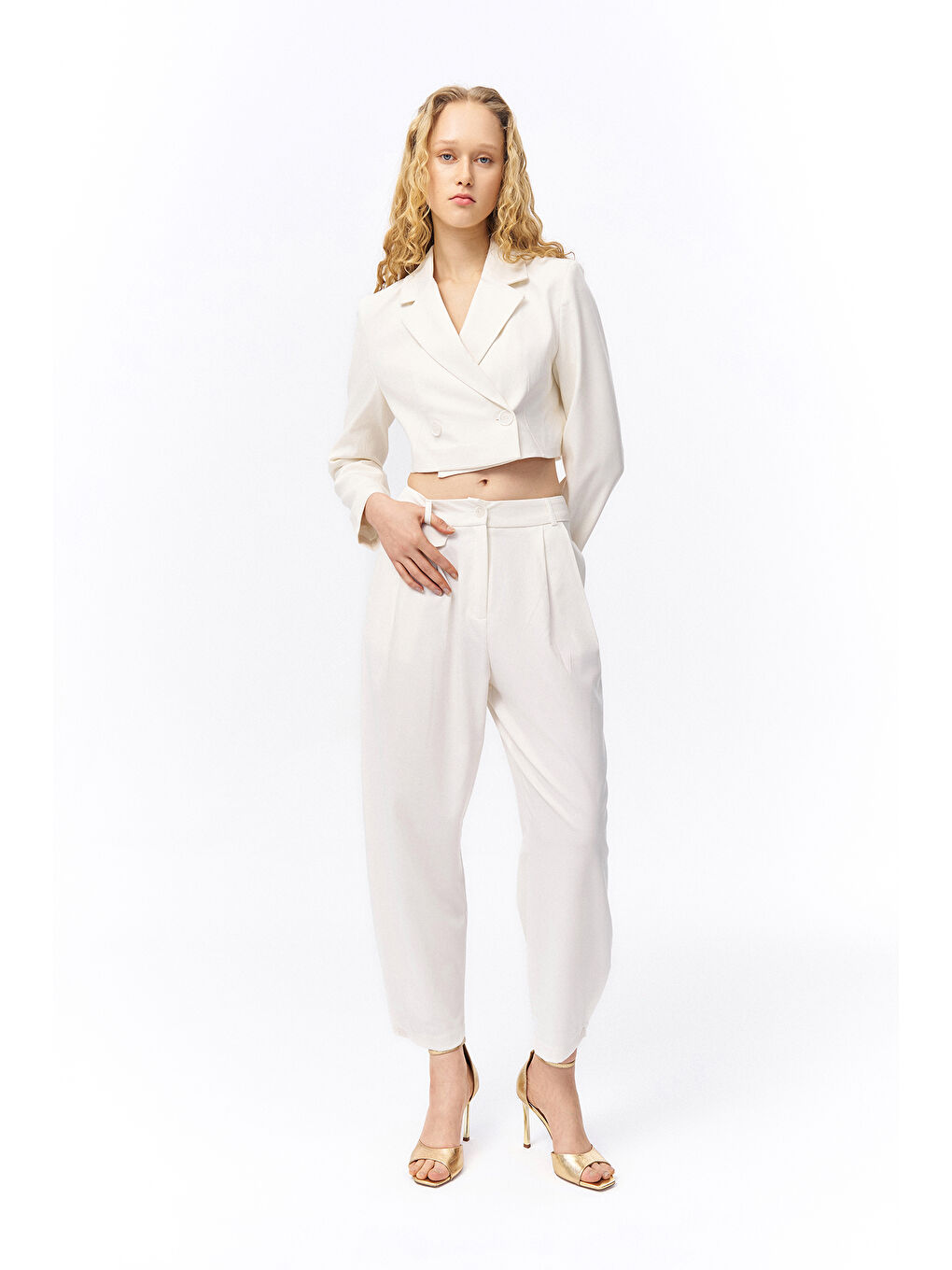 Pile Detaylı  Pantolon Ekru