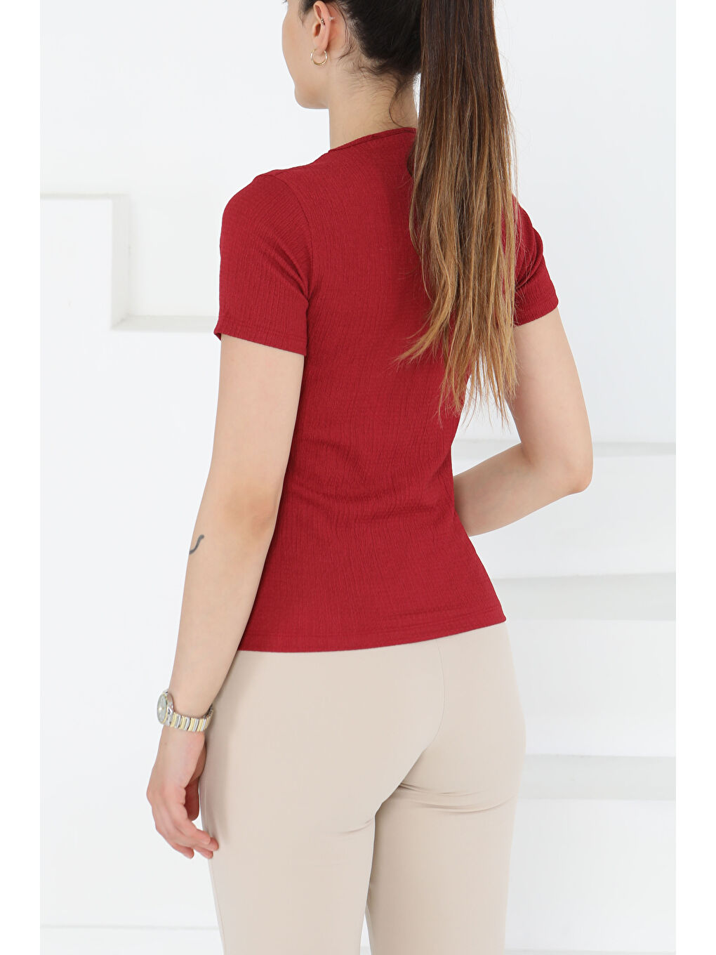 Kısa Kollu Bluz Bordo - 27235-4