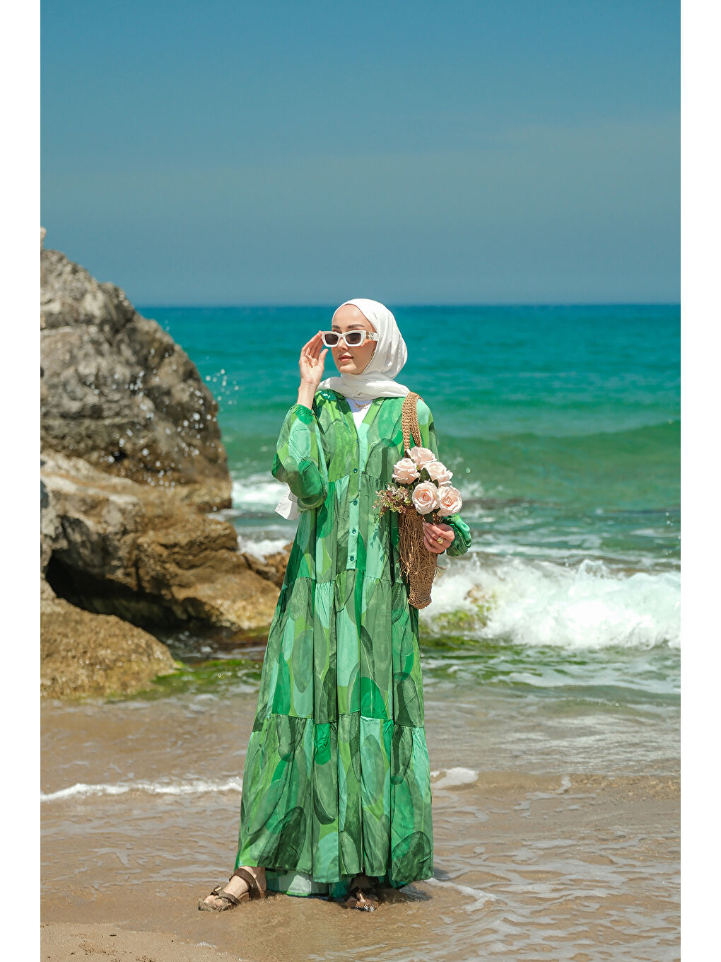 Kadın Şekil Desenli Elbise Yeşil-1