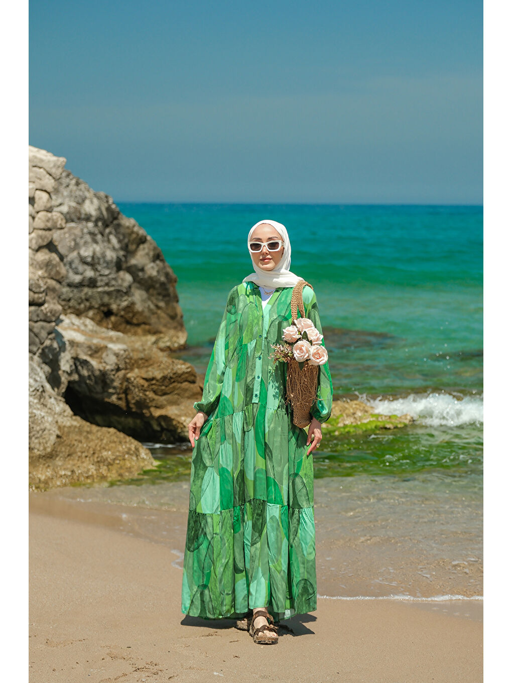 Kadın Şekil Desenli Elbise Yeşil-2