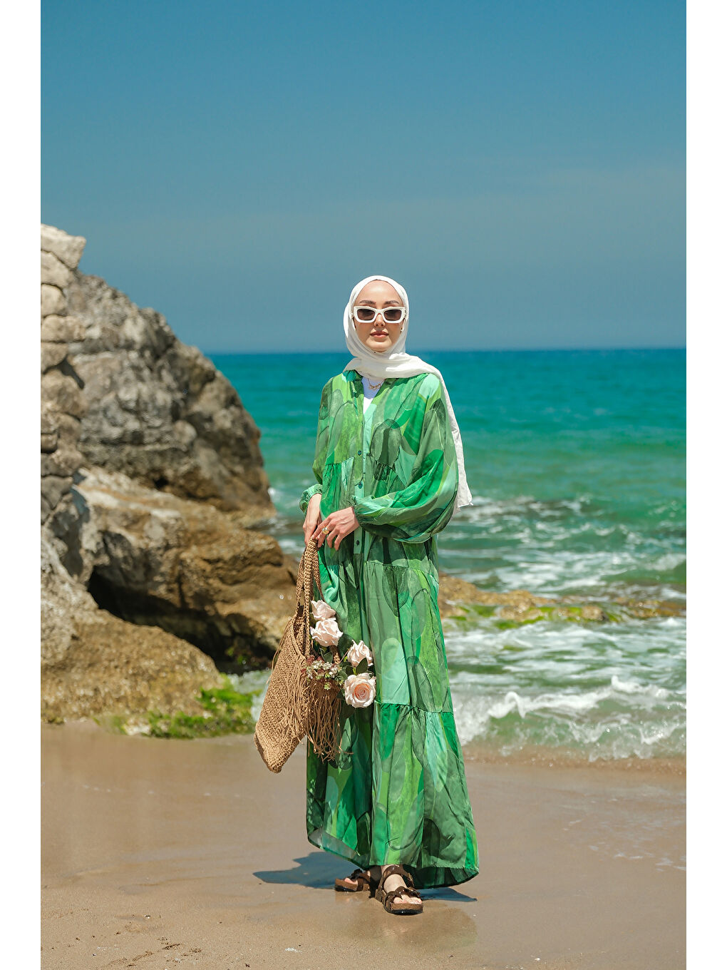 Kadın Şekil Desenli Elbise Yeşil-3