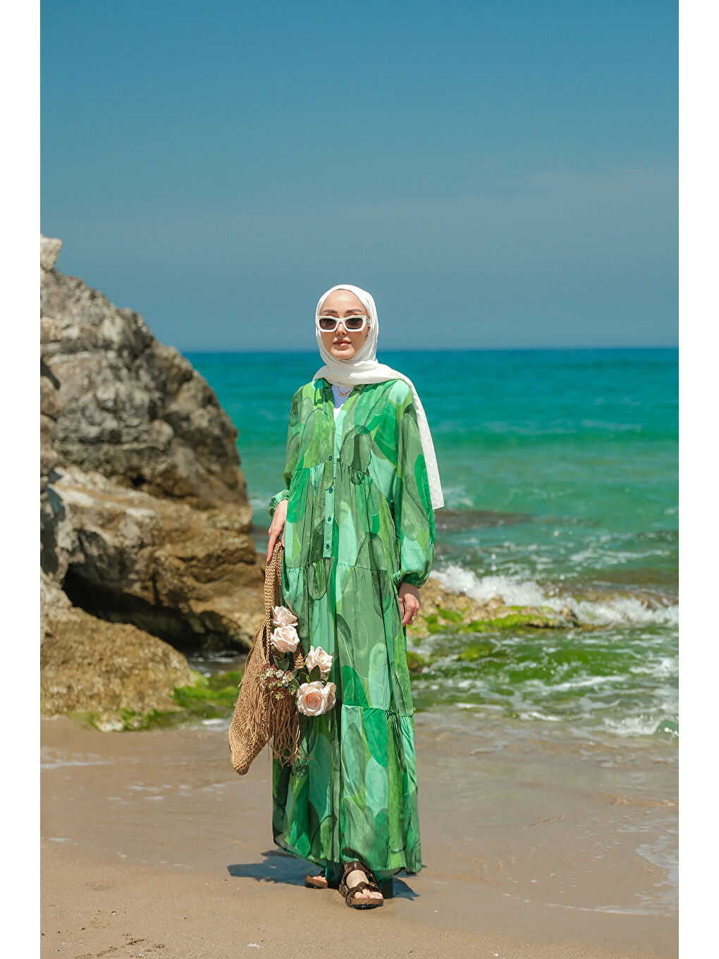 Kadın Şekil Desenli Elbise Yeşil-4