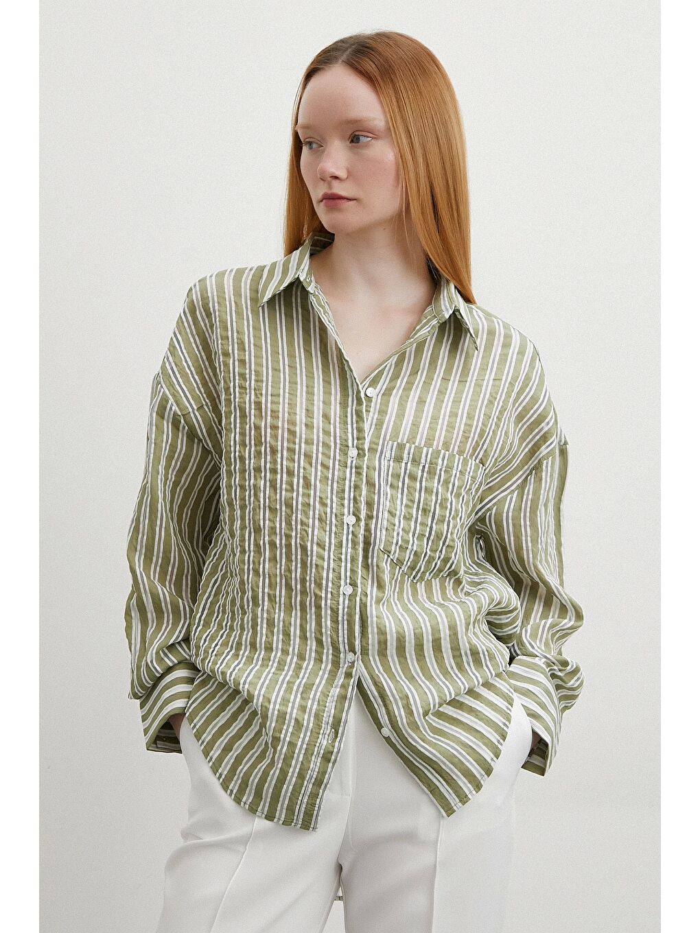 Transparan Çizgili Gömlek Haki-1