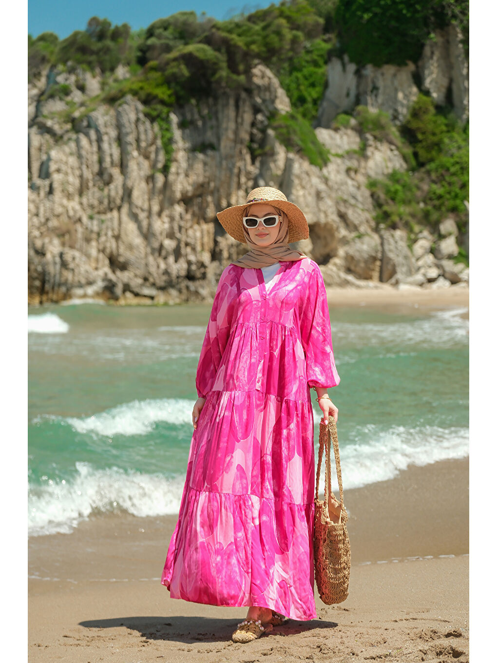 Kadın Şekil Desenli Elbise Fuşya-1