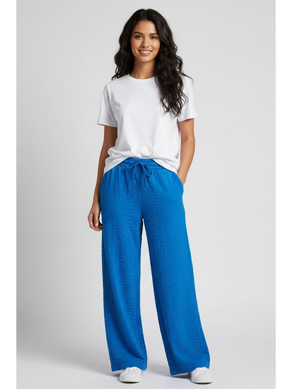 Kadın Bürümcük Kumaş Geniş Paça Pantolon – Rahat Kalıp – Mavi