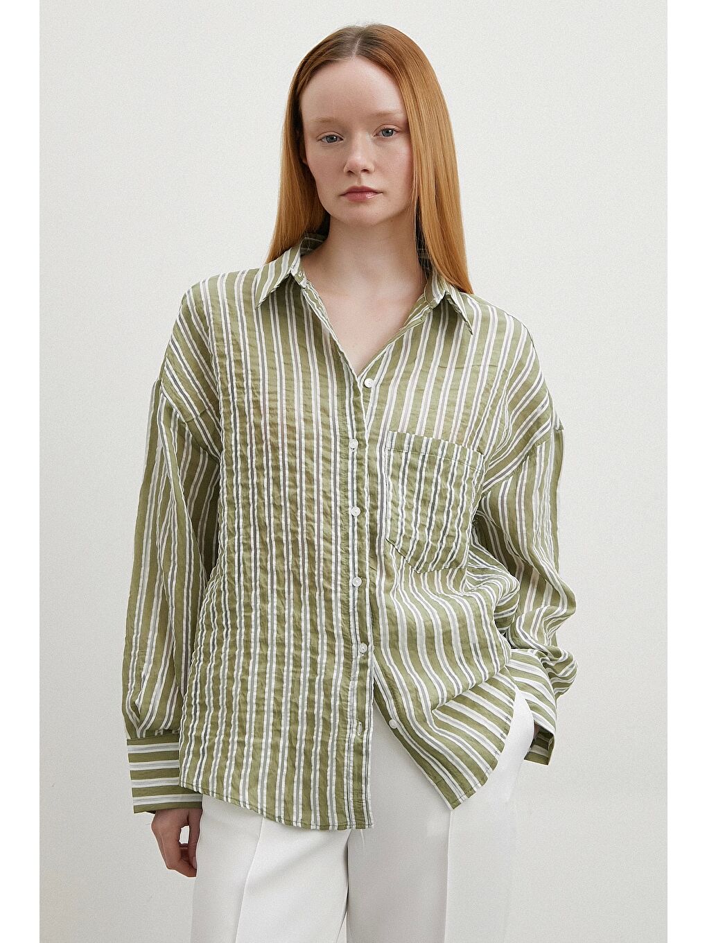 Transparan Çizgili Gömlek Haki-2